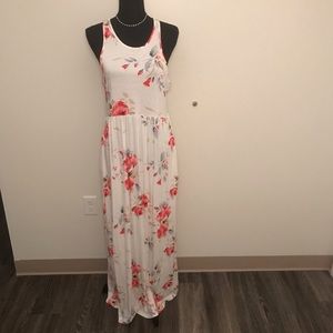 White with Pink Floral Stretchy Maxi Dress